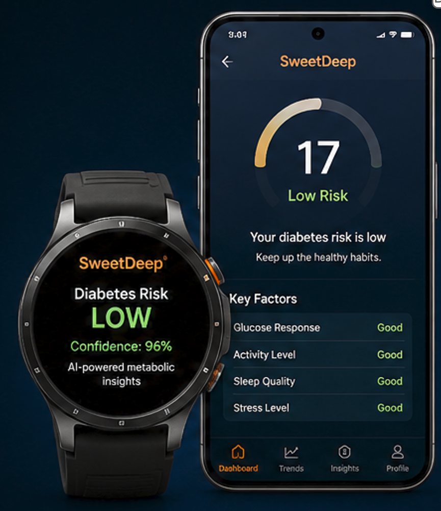 SweetDeep product experience: on-watch diabetes risk result with the companion phone app showing risk score, key factors and trends